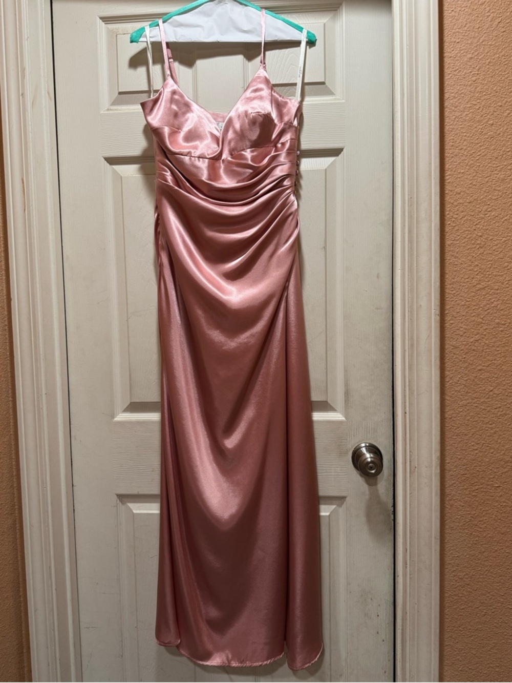 David's Bridal Rose Blush Satin Sweetheart Neckline Maxi Dress with Slit